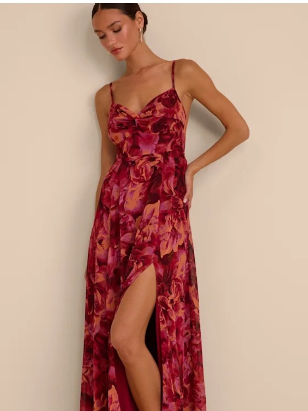 Lulus Beautiful Soul Burgundy Floral Print Twist-Front Maxi Dress